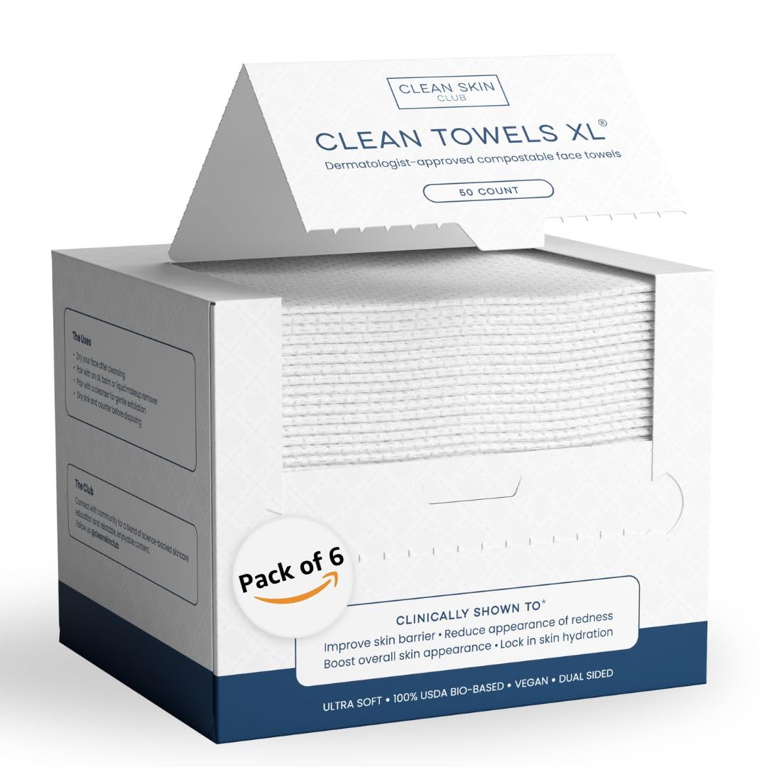 Clean Skin Club Clean Towels XL™, 100% USDA Biobased Face Towel, Disposable Face Towelette, Eczema Association Accepted, Makeup Remover Dry Wipes, Ultra Soft, 50 Ct, 1 Pack